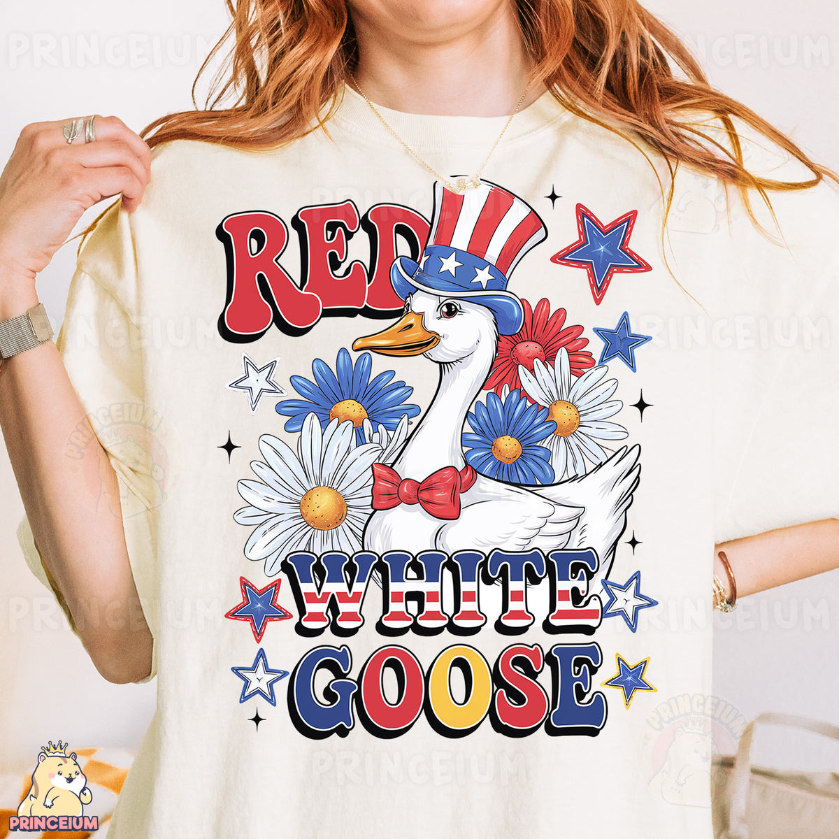 a woman wearing a red, white, and blue goose t - shirt