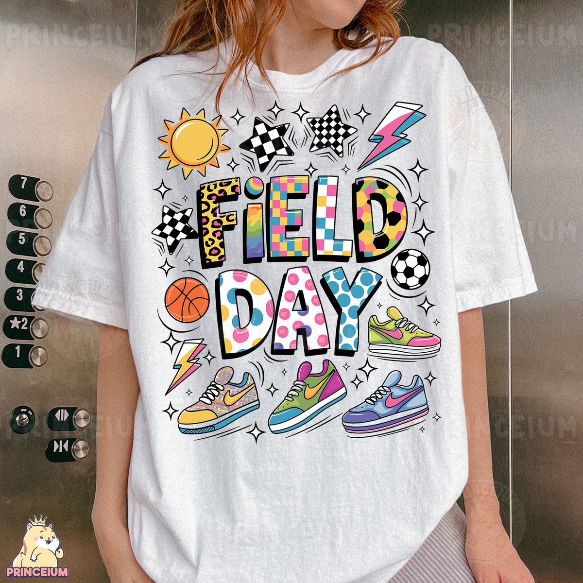 a woman wearing a t - shirt that says field day
