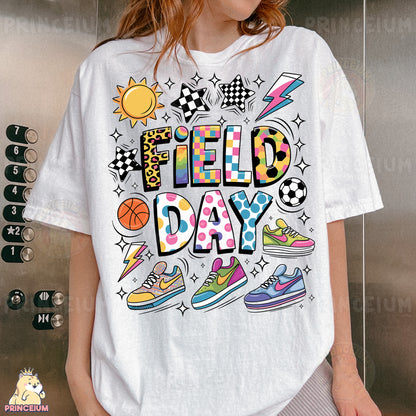 a woman wearing a t - shirt that says field day