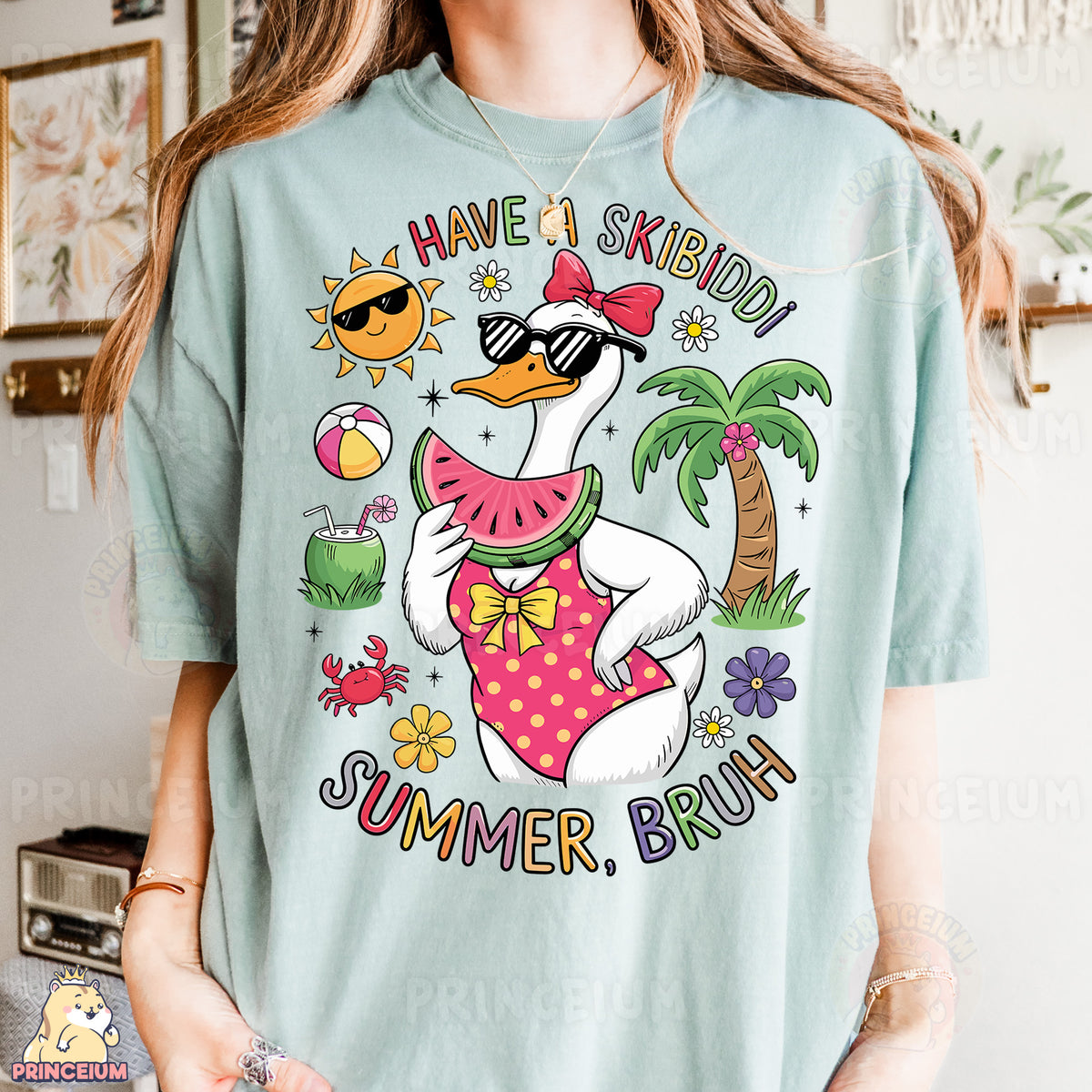a woman wearing a t - shirt with a duck wearing a swim suit