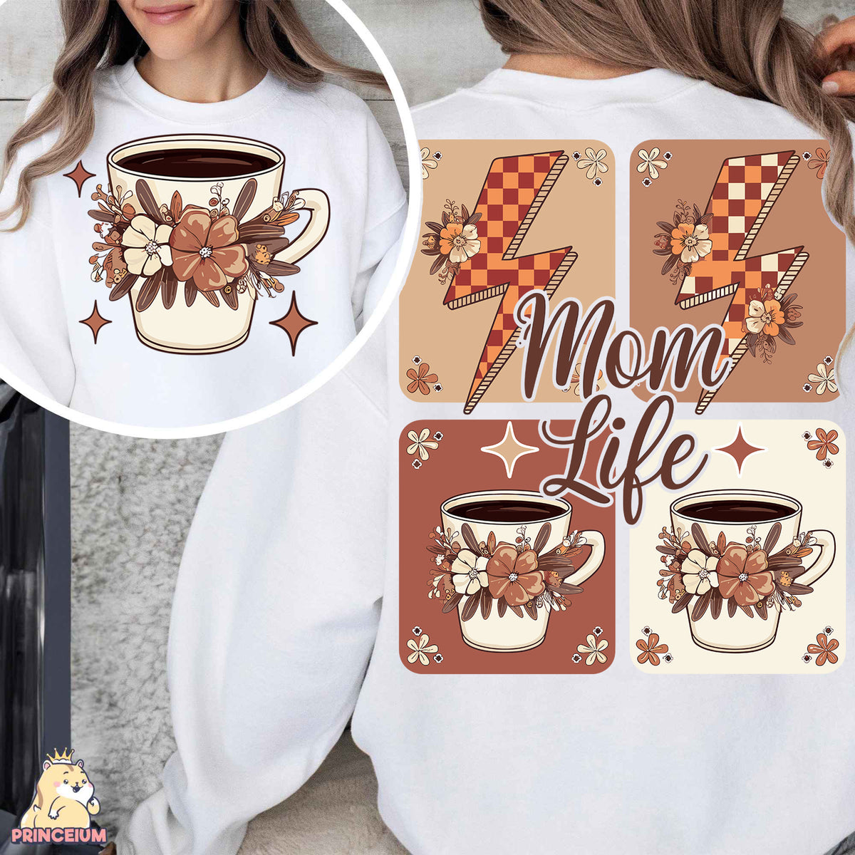 a woman wearing a mom life shirt with coffee mugs