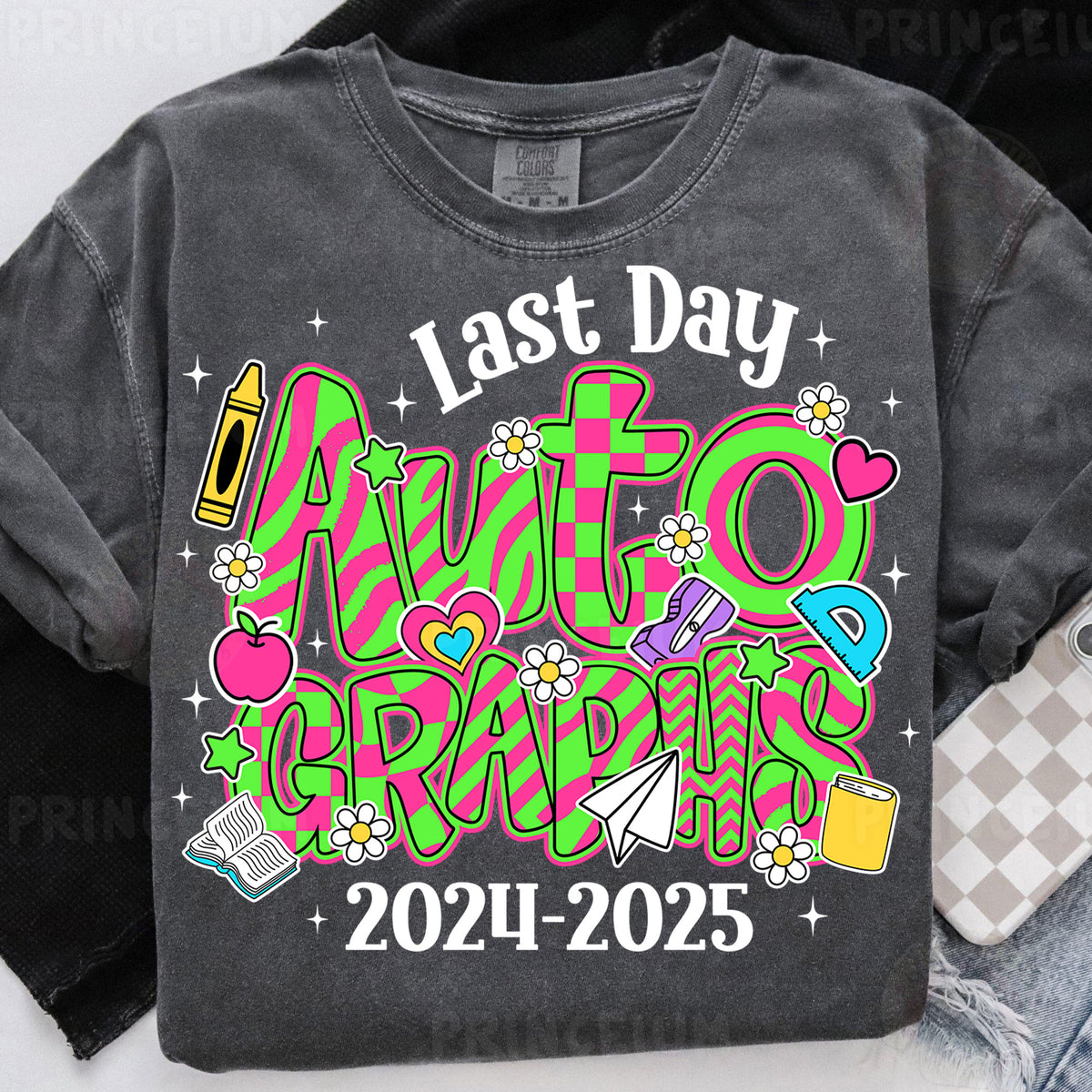 a t - shirt with the words, last day autographs, and a phone
