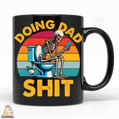 a black coffee mug with a skeleton sitting on a toilet
