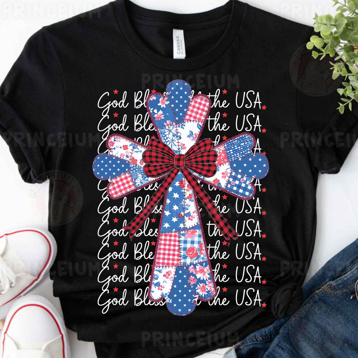 a black shirt with a red, white and blue bow on it