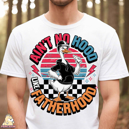 a man wearing a t - shirt with a duck on it