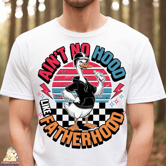 a man wearing a t - shirt with a duck on it