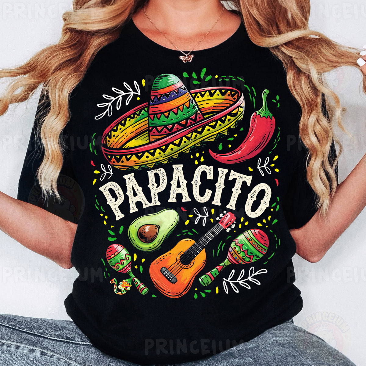 a woman wearing a black shirt with a mexican design