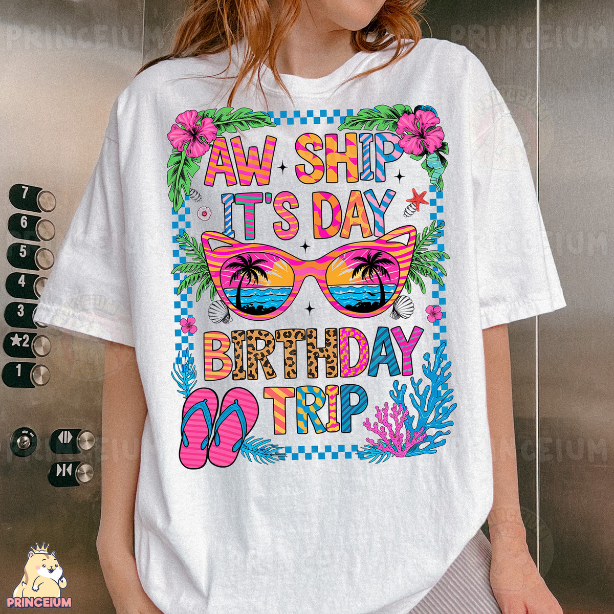 a woman wearing a white t - shirt that says, aw she's it