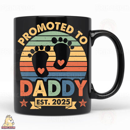 a black coffee mug with a picture of a pair of feet