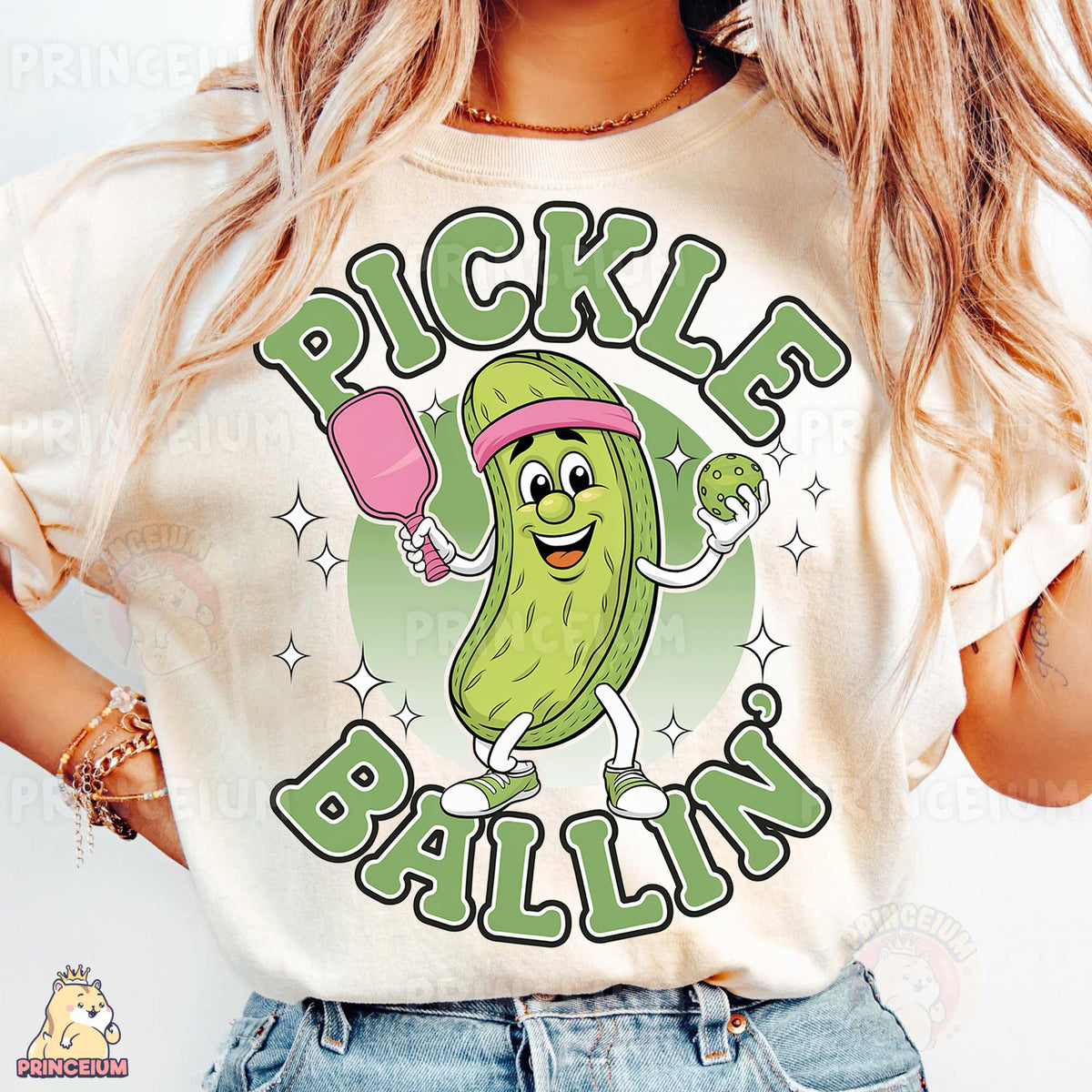 a woman wearing a pickle and balls t - shirt
