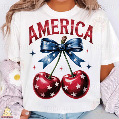 a woman wearing a white shirt with two cherries on it
