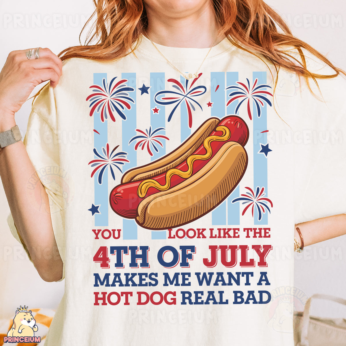 a woman wearing a t - shirt with a hot dog on it