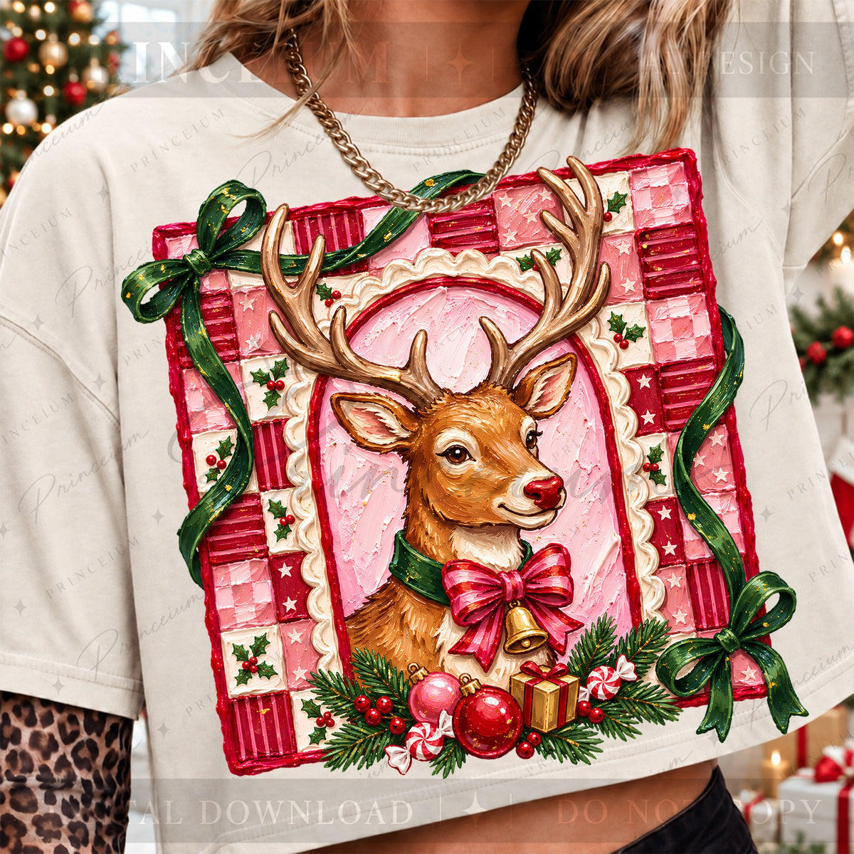 Pink Patchwork Reindeer Christmas