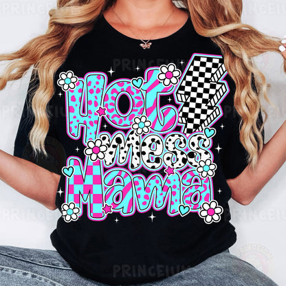 a woman wearing a t - shirt that says hot mom