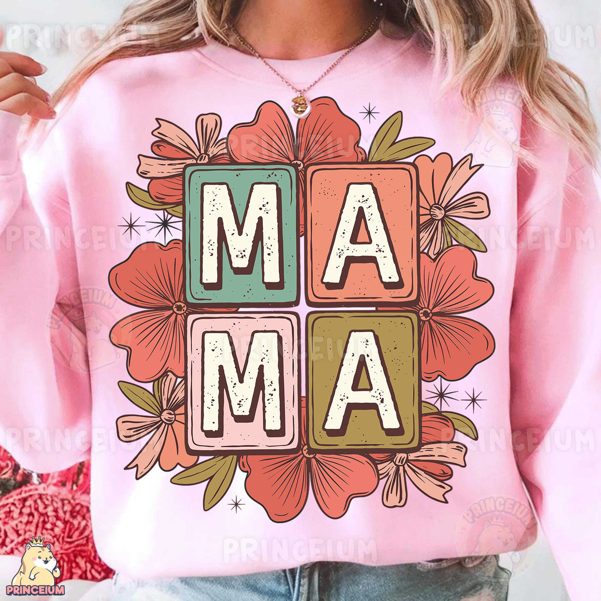 a woman wearing a pink sweatshirt with the word mam printed on it