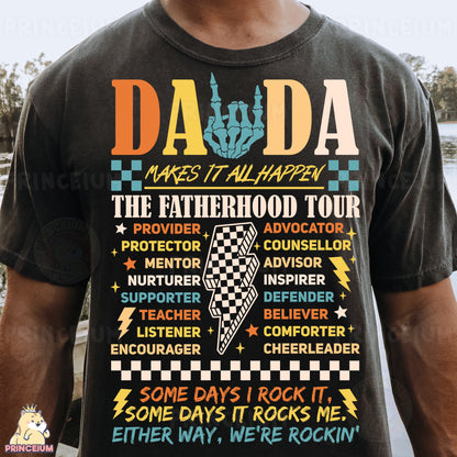 a man wearing a dada t - shirt with his name on it