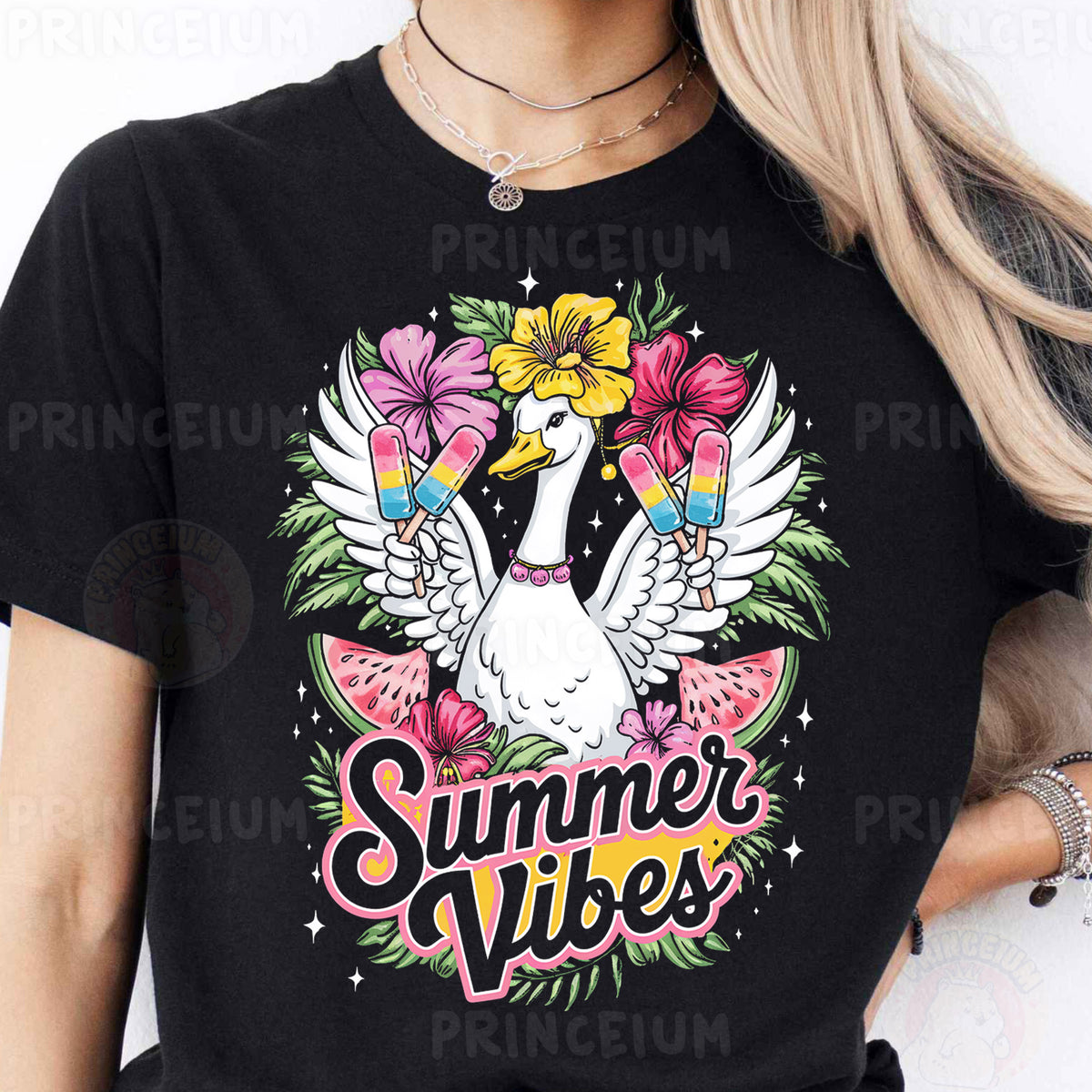 a woman wearing a black t - shirt with a watermelon and flowers on