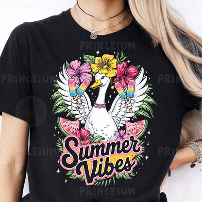 a woman wearing a black t - shirt with a watermelon and flowers on