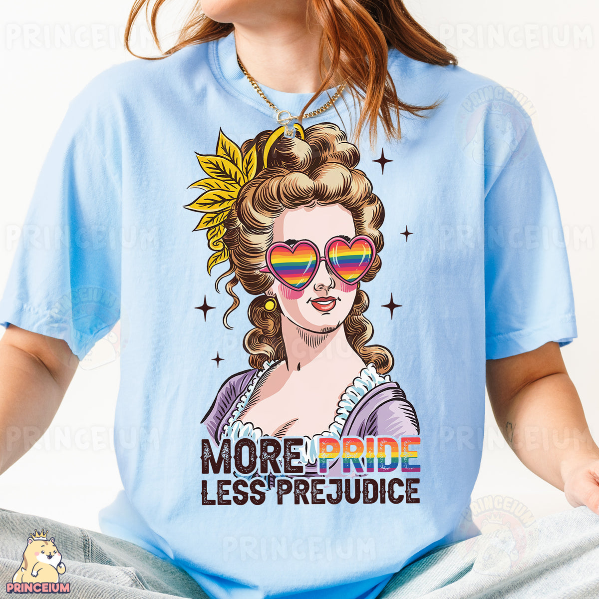a woman wearing a t - shirt with a picture of a woman wearing sun glasses