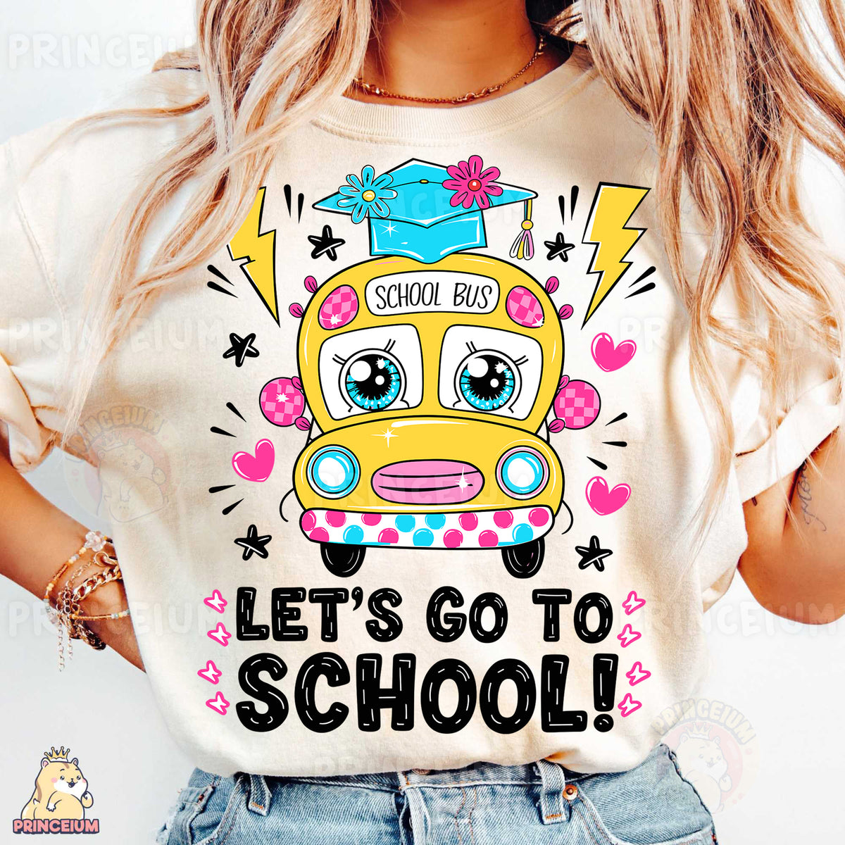 a girl wearing a school bus shirt with the words let's go to school