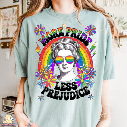 a woman wearing a t - shirt that says more pride less providence