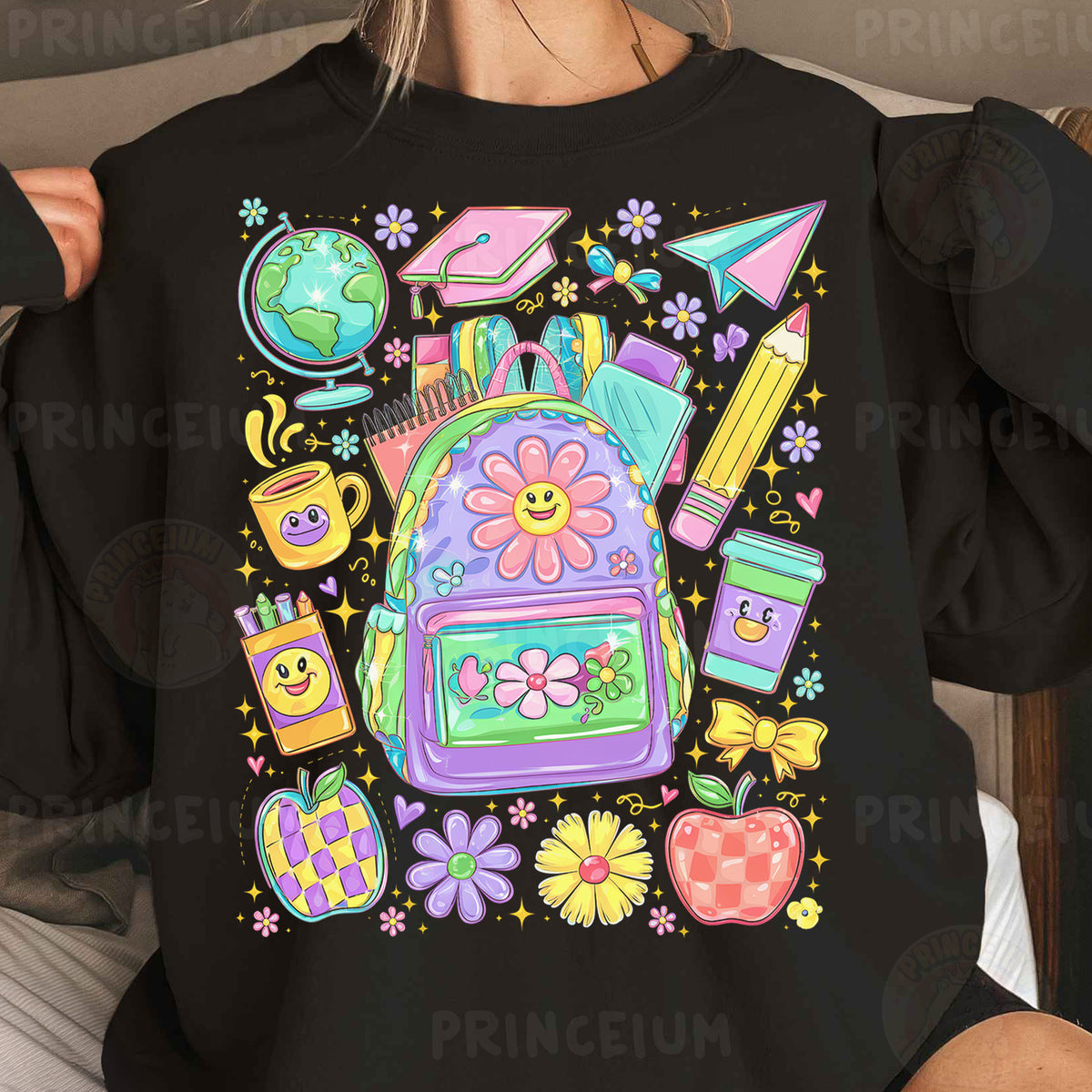 a woman wearing a black shirt with a backpack on it