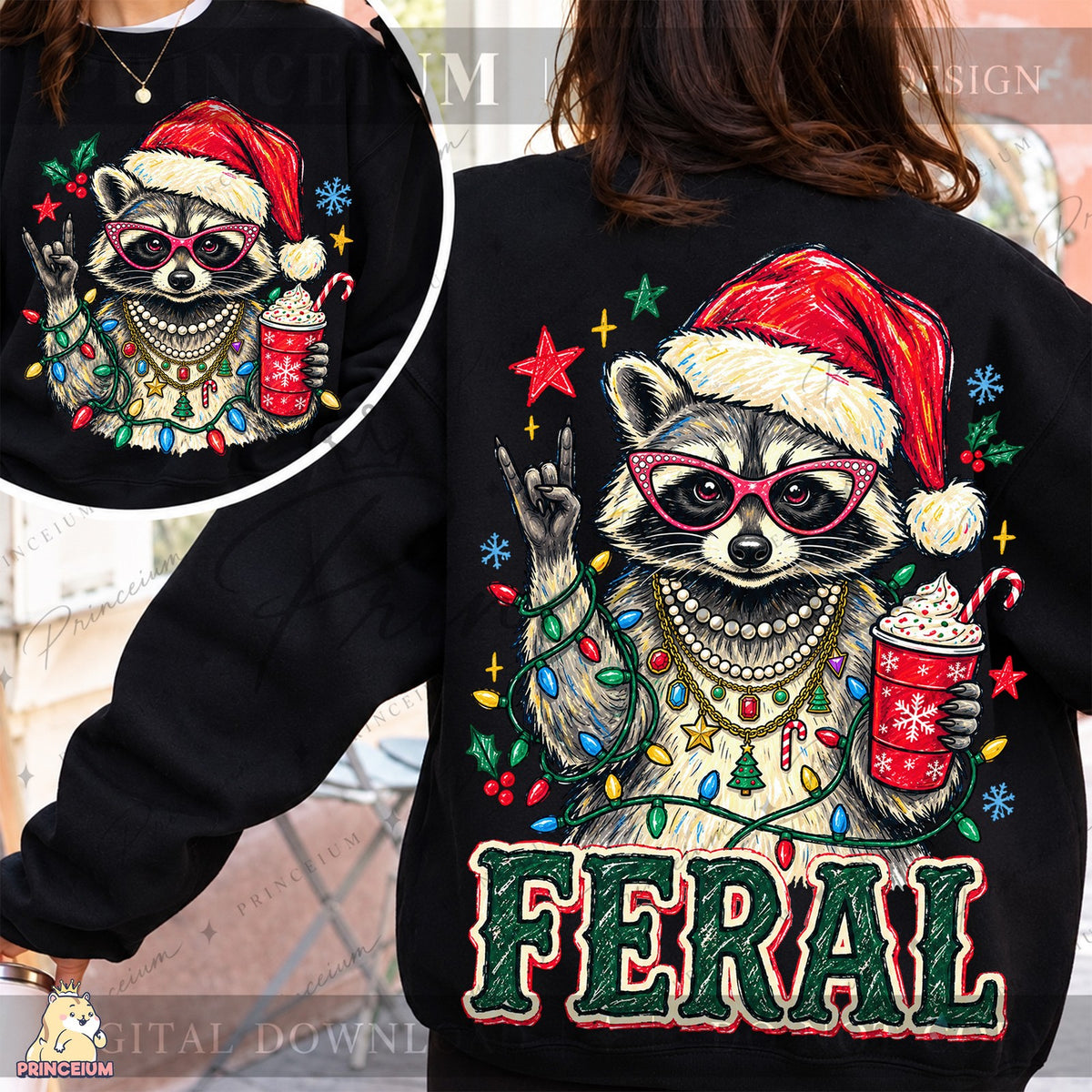 Feral Christmas Raccoon Front and Back