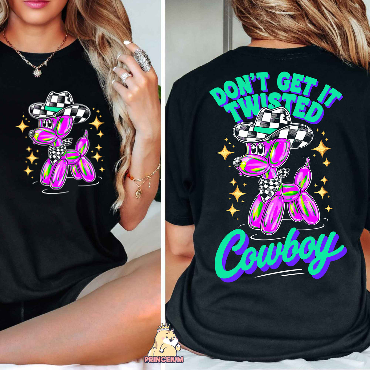 a woman wearing a t - shirt that says don't get twisted cowboy