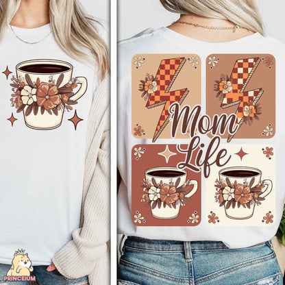 a woman wearing a mom life t - shirt and jeans