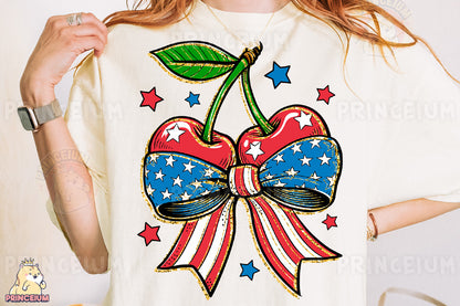 a woman wearing a white shirt with a red, white, and blue bow on