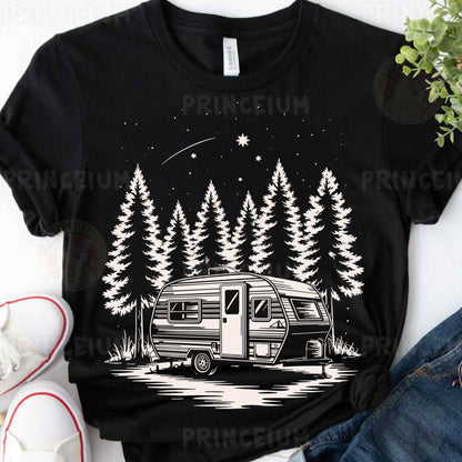 a black shirt with a camper and trees on it