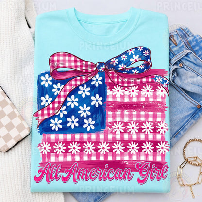 All American Girl Sublimation Design PNG | Patriotic Gingham Flag with Bow Digital Download