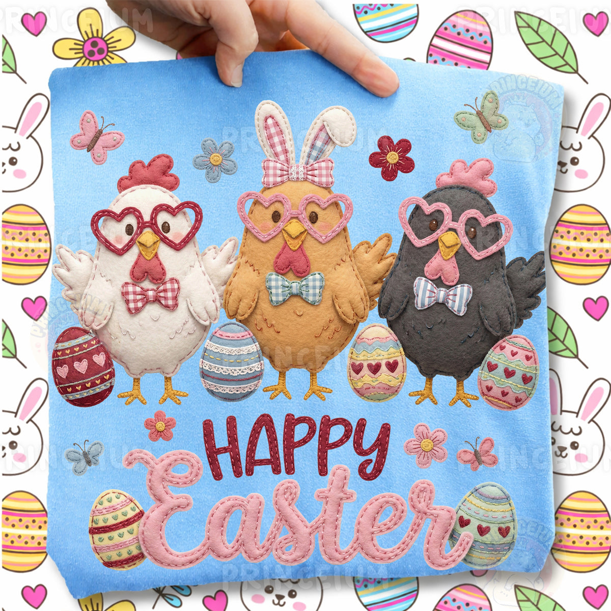 Happy Easter PNG, Cute Chickens with Heart Glasses, Patchwork Farm Easter Clipart