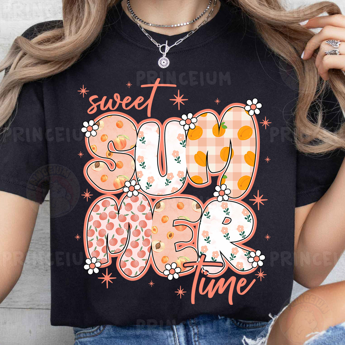 a woman wearing a t - shirt that says sweet summer time