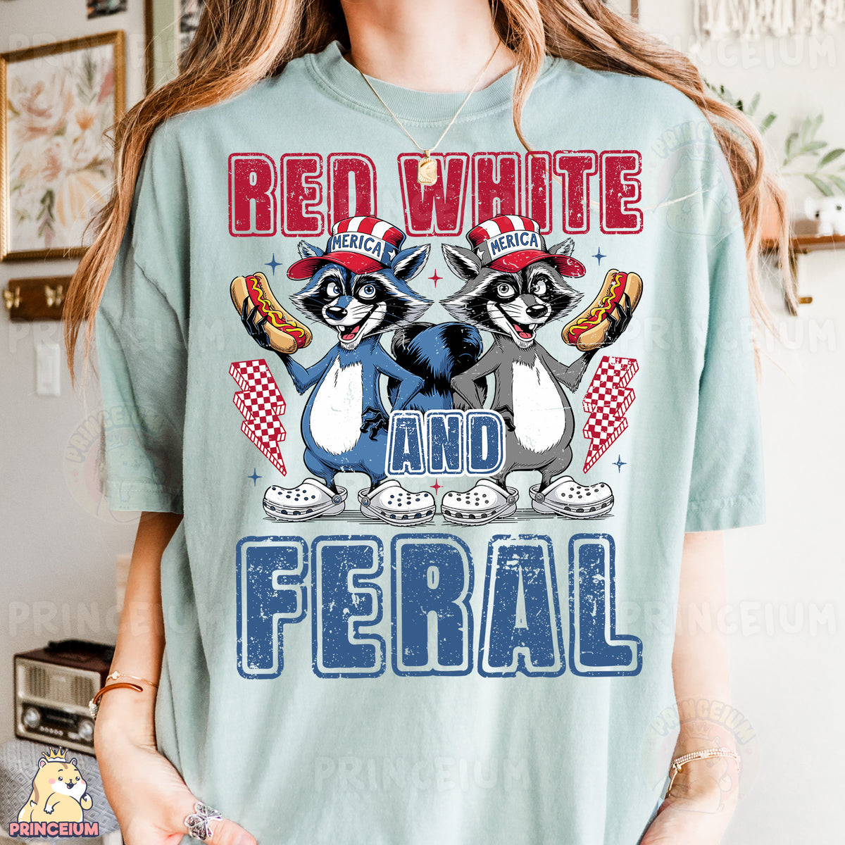 a woman wearing a red white and blue shirt