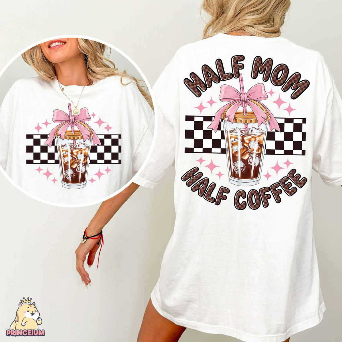 a woman wearing a white shirt that says half mom half coffee