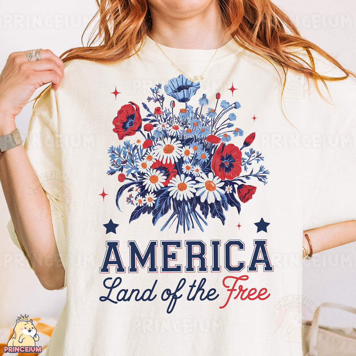 a woman wearing a t - shirt that says america land of the free