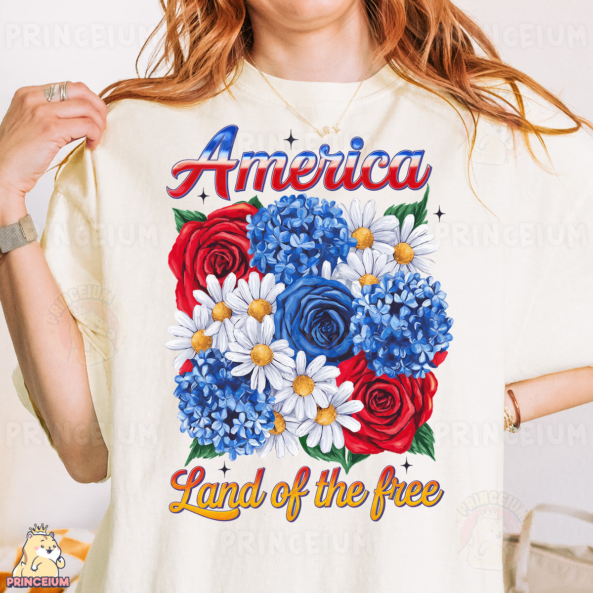 a woman wearing an american land of the free t - shirt