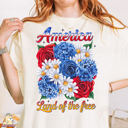 a woman wearing an american land of the free t - shirt