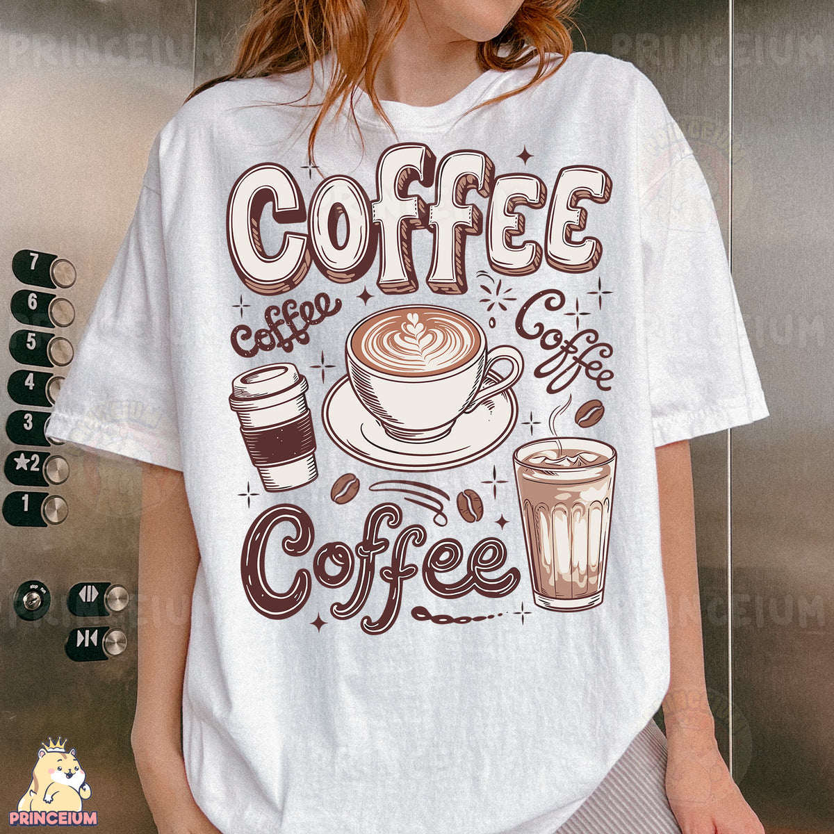 a woman wearing a t - shirt with coffee on it