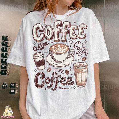 a woman wearing a t - shirt with coffee on it