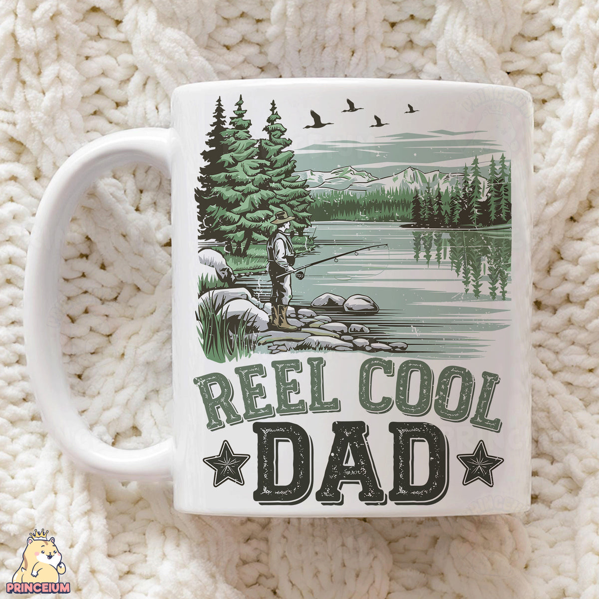 a coffee mug with a fishing scene on it
