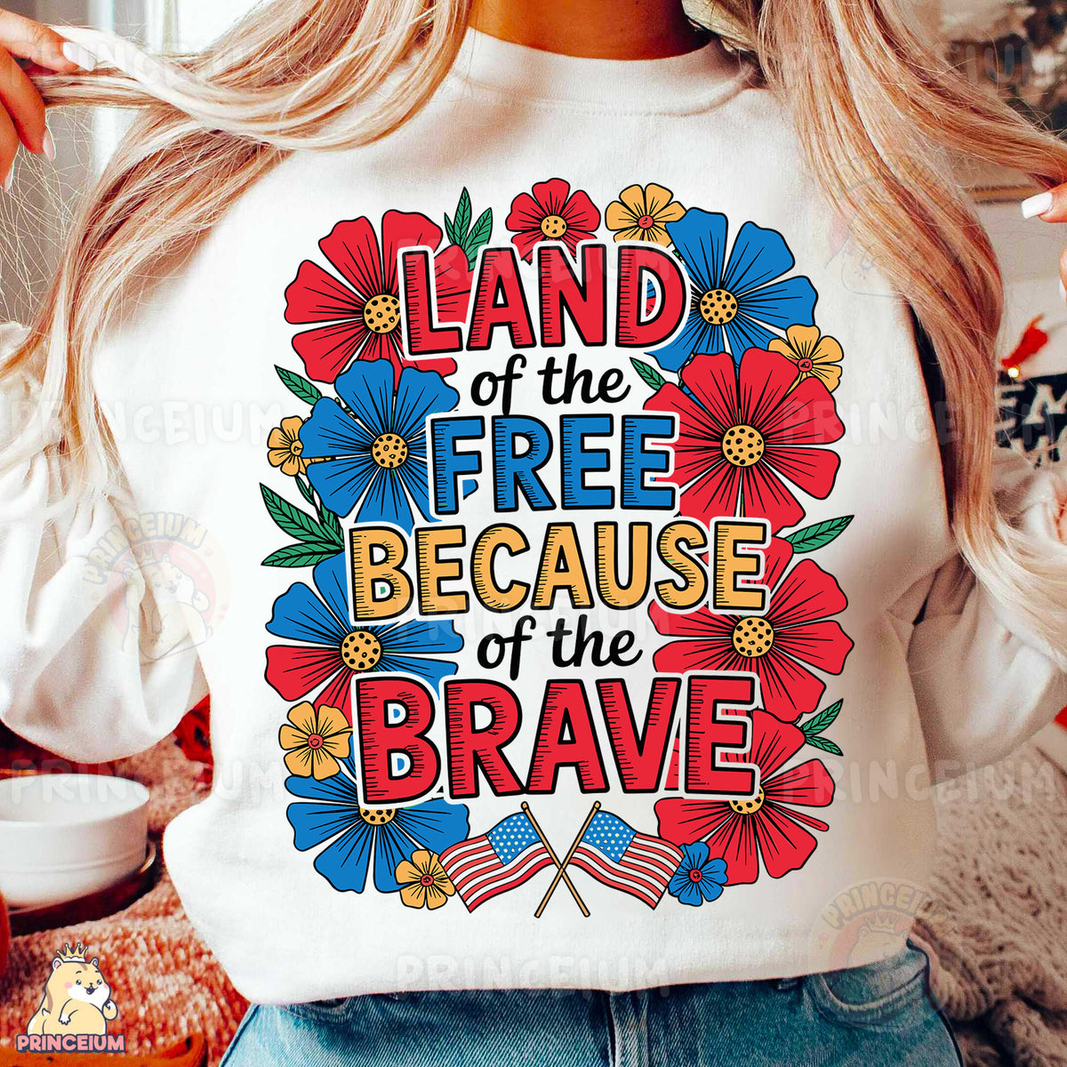 a woman wearing a t - shirt that says land of the free because of the