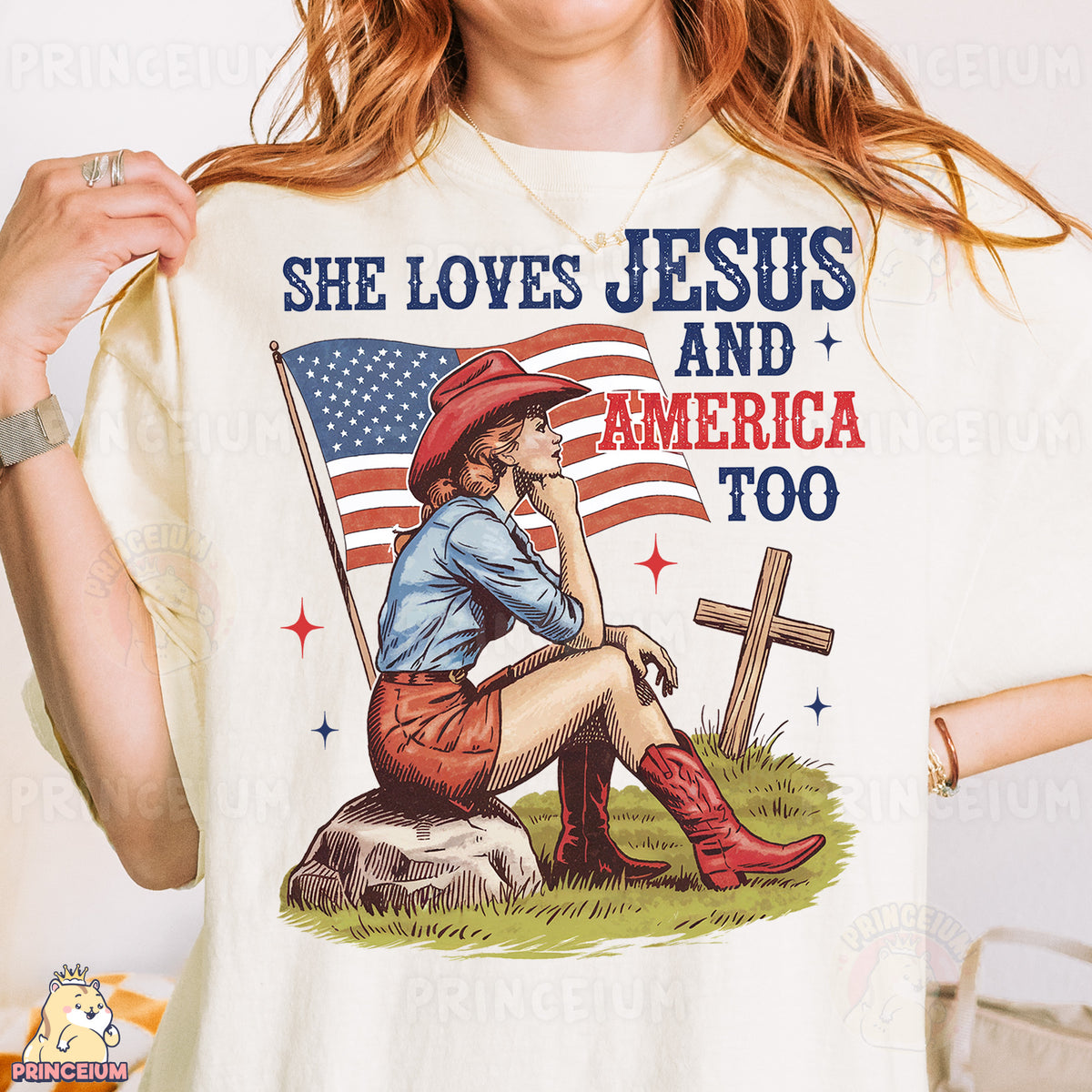 a woman wearing a t - shirt that says she loves jesus and america too