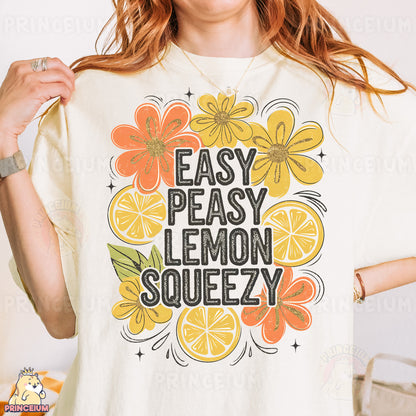 a woman wearing a t - shirt that says easy peasy lemon squeezezy