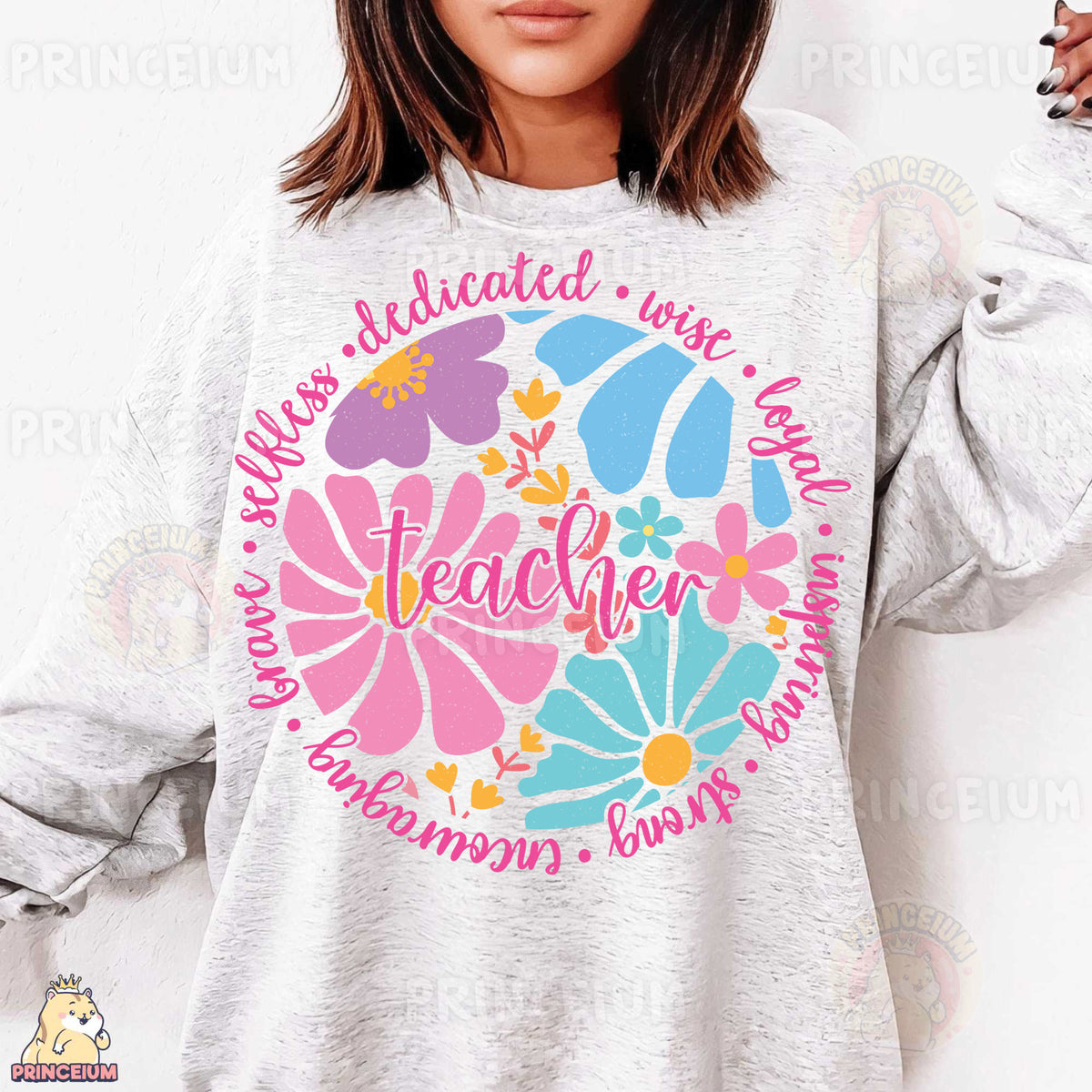 a woman wearing a sweatshirt that says teacher