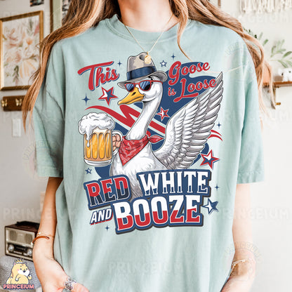 a woman wearing a red white and booze t - shirt