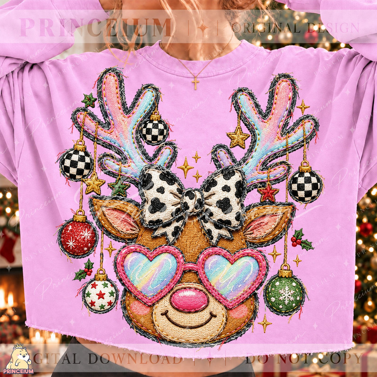 Embroidered Reindeer with Heart Glasses