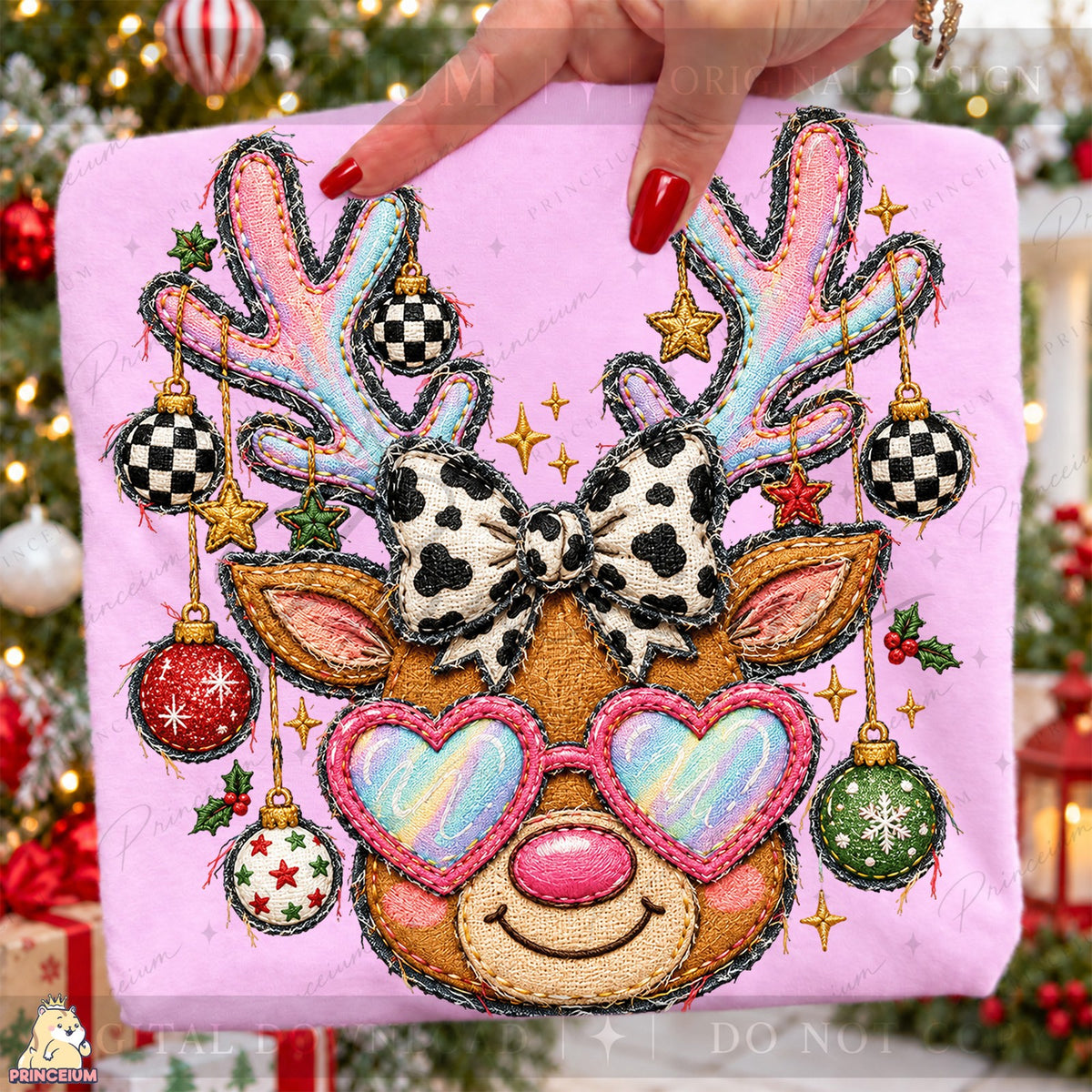 Embroidered Reindeer with Heart Glasses