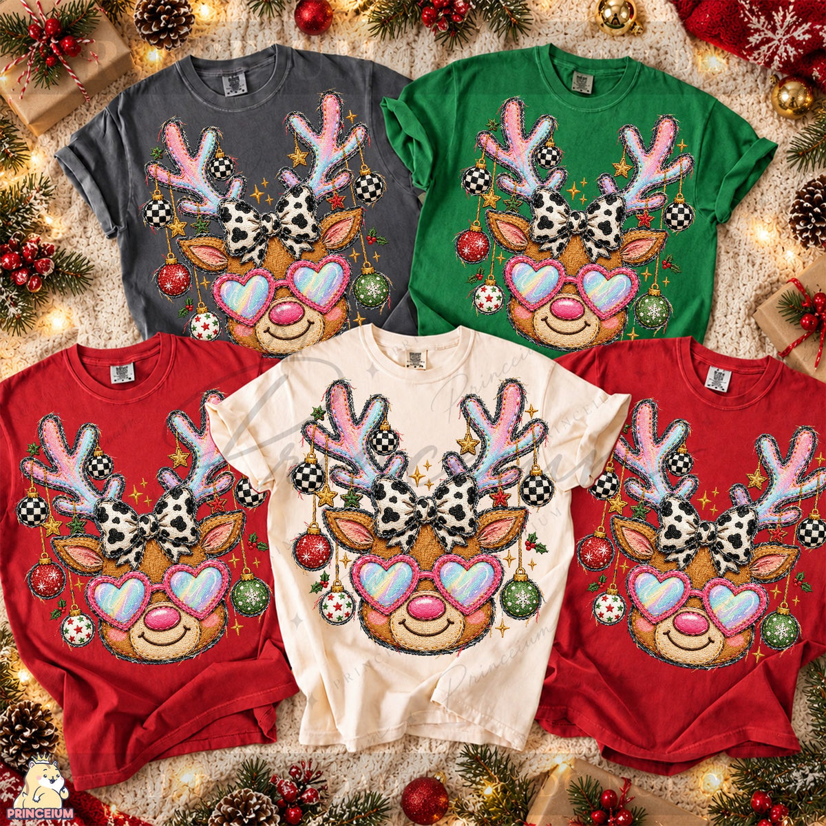 Embroidered Reindeer with Heart Glasses